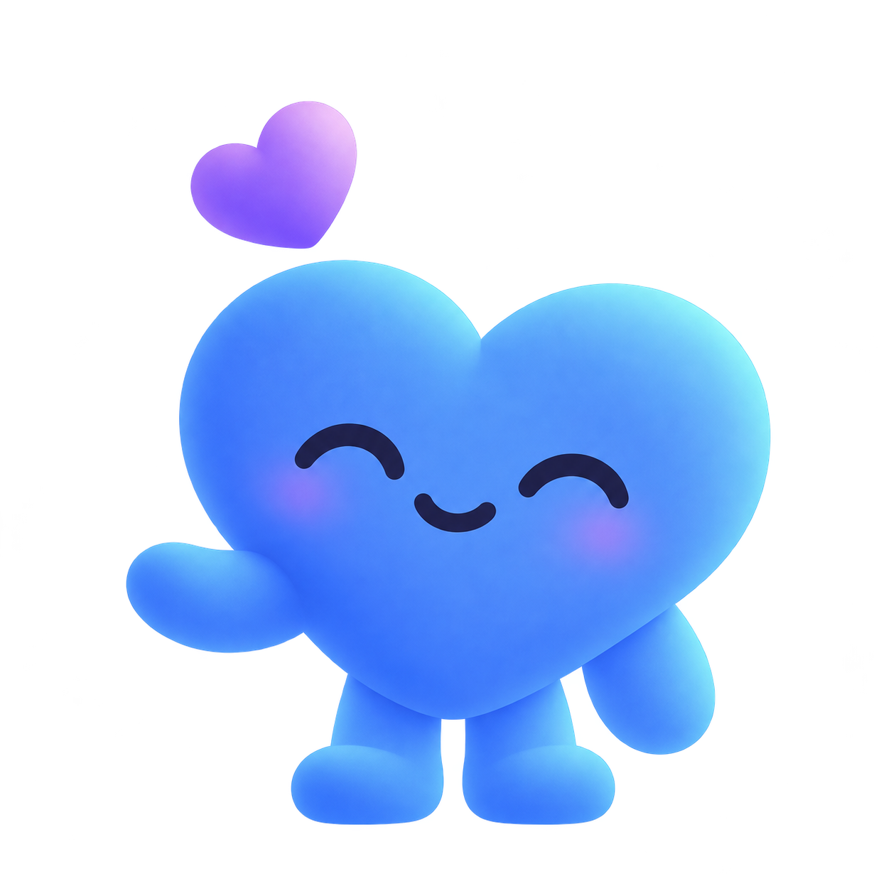 A smiling heart-shaped Dupli mascot with a floating purple heart